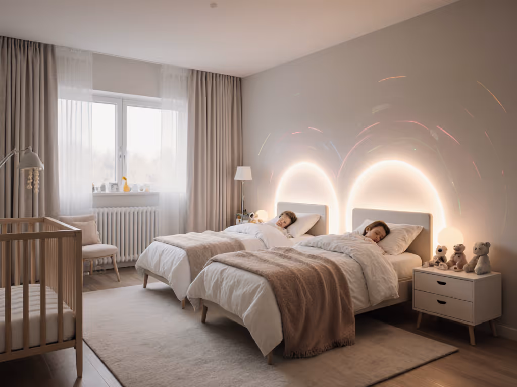 white_noise_machines_in_nursery_room_with_two_sleeping_children_separated_by_sound_zones