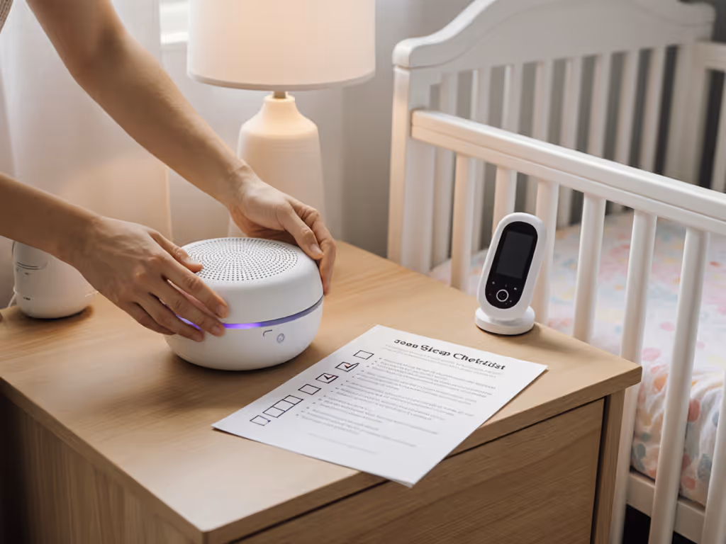 parent_setting_up_a_sound_machine_beside_a_crib_with_a_checklist_on_the_nightstand